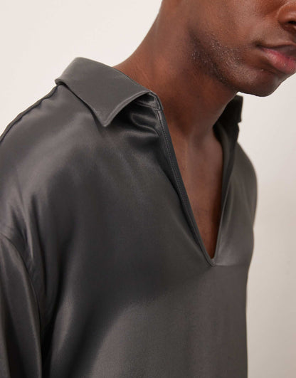 Long Sleeve Satin Shirt With Deep V