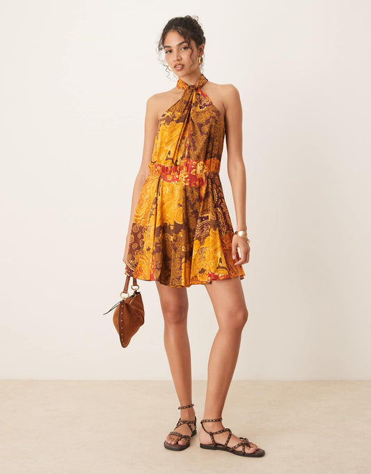 Halterneck Mixed Print Mini Dress