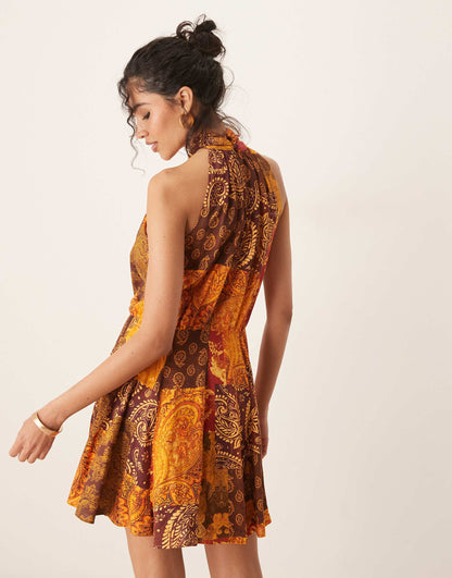 Halterneck Mixed Print Mini Dress
