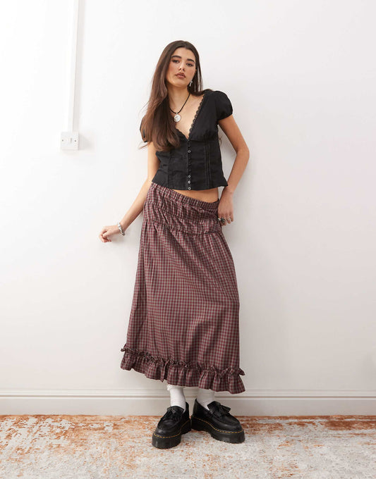 Prairie Midi Skirt With Frill Hem And Shirring