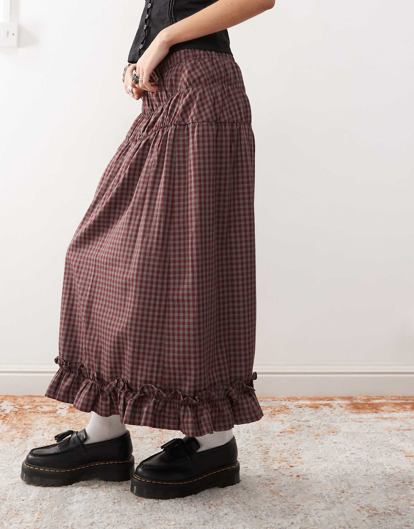 Prairie Midi Skirt With Frill Hem And Shirring