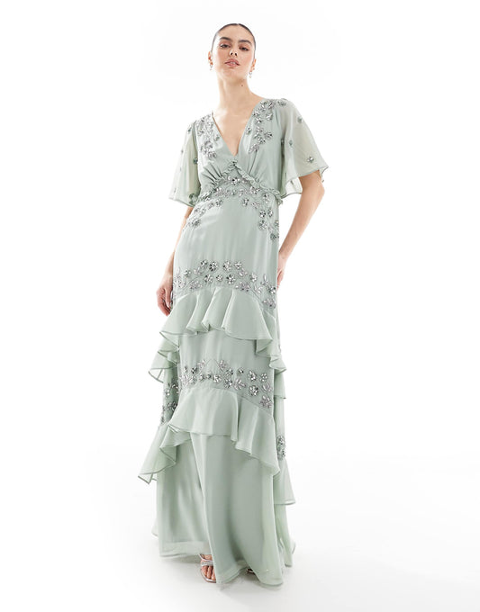 Embellished Ruffled Short Sleeve Maxi Bridesmaid Dress