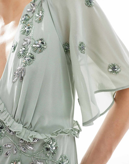 Embellished Ruffled Short Sleeve Maxi Bridesmaid Dress