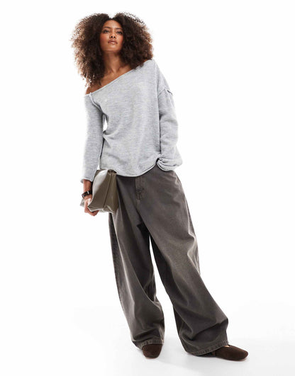 Asym Off The Shoulder Slouchy Cosy Knit Jumper
