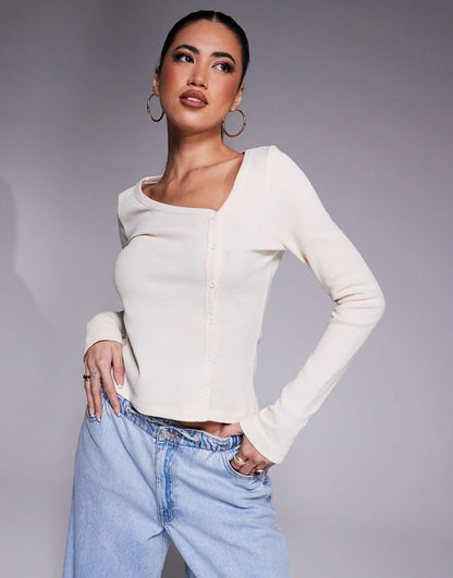 Asymmetric Long Sleeve Waffle Cardigan
