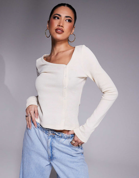Asymmetric Long Sleeve Waffle Cardigan