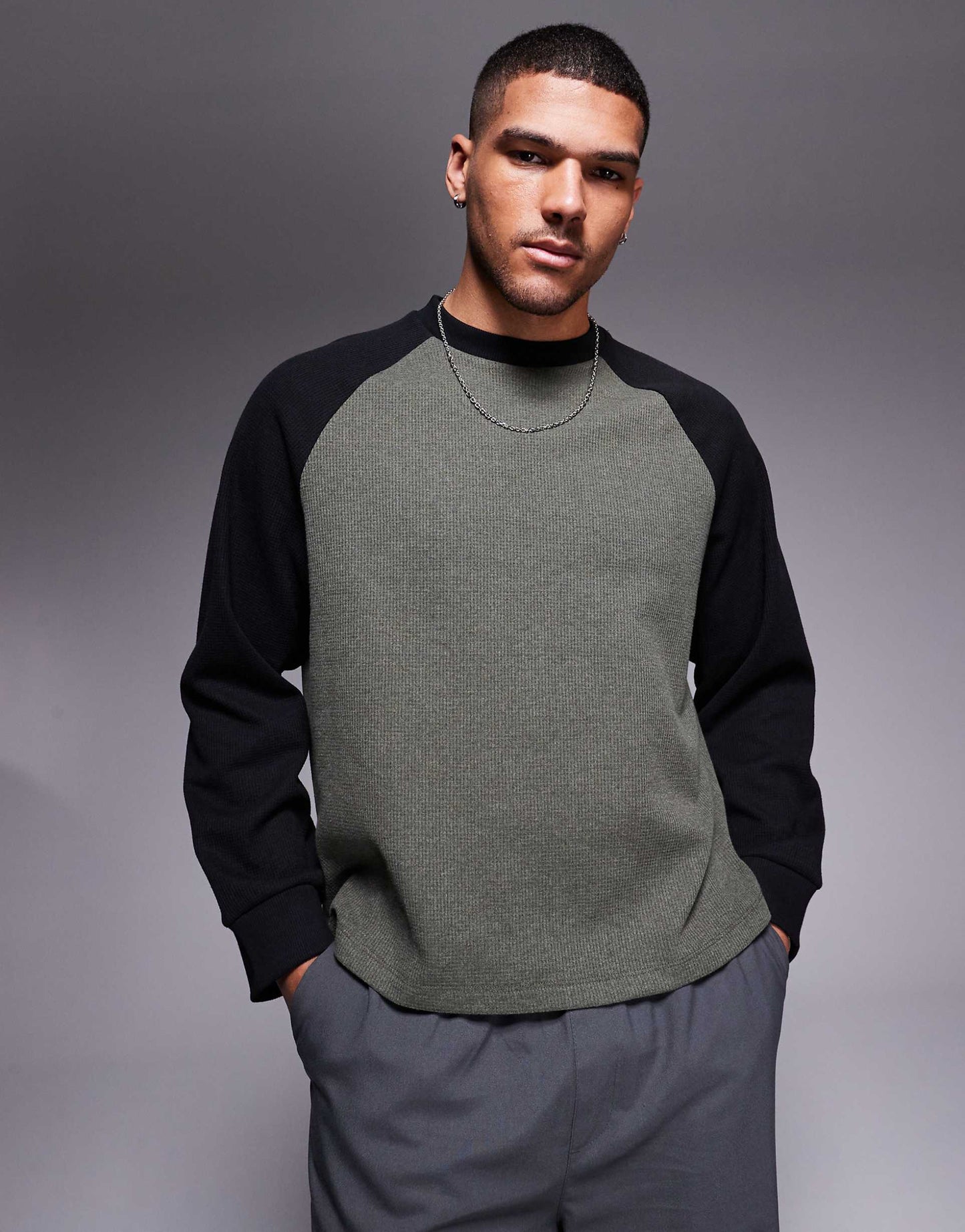 Oversized Boxy Waffle Contrast Raglan T-Shirt