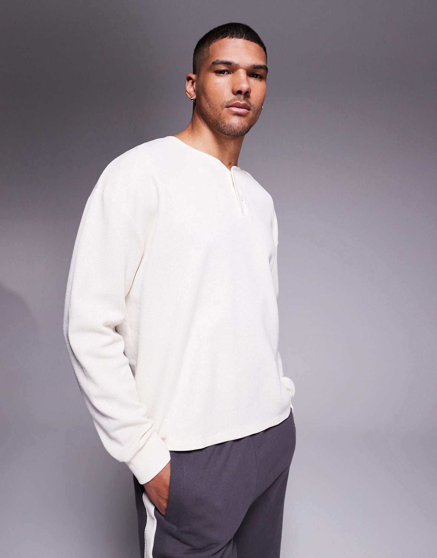 Oversized Boxy Long Sleeve Henley Waffle T-Shirt
