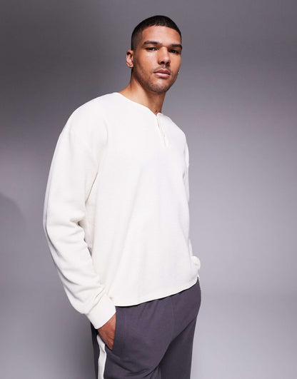 Oversized Boxy Long Sleeve Henley Waffle T-Shirt