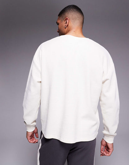 Oversized Boxy Long Sleeve Henley Waffle T-Shirt