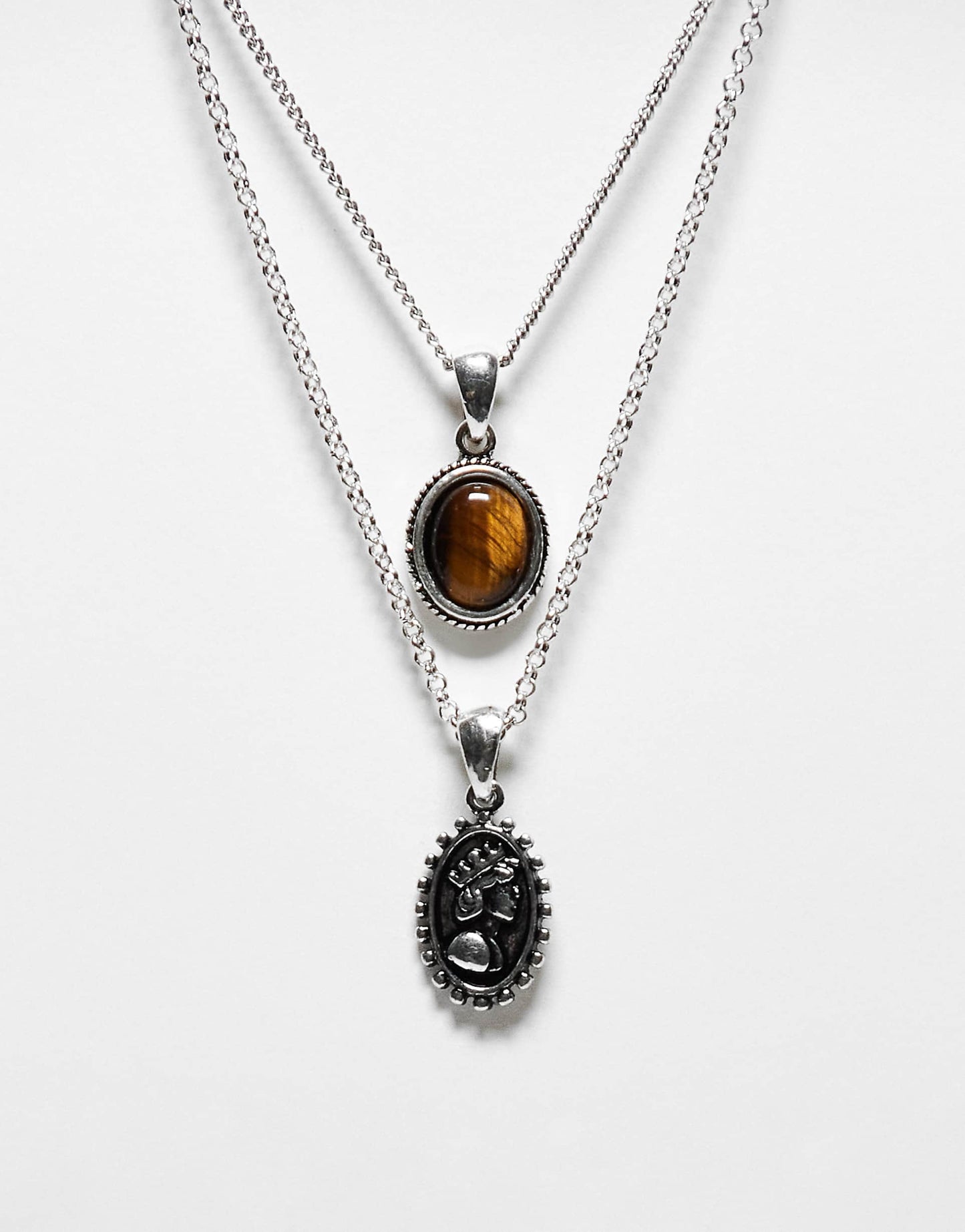 Unisex 2 Row Necklace With Brown Stone