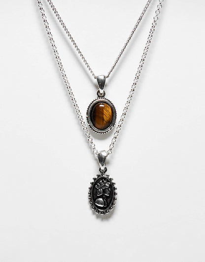Unisex 2 Row Necklace With Brown Stone