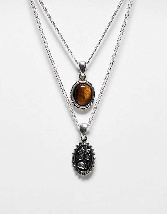 Unisex 2 Row Necklace With Brown Stone
