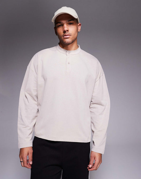 Heavyweight Oversized Boxy Drop Shoulder Henley 240Gsm