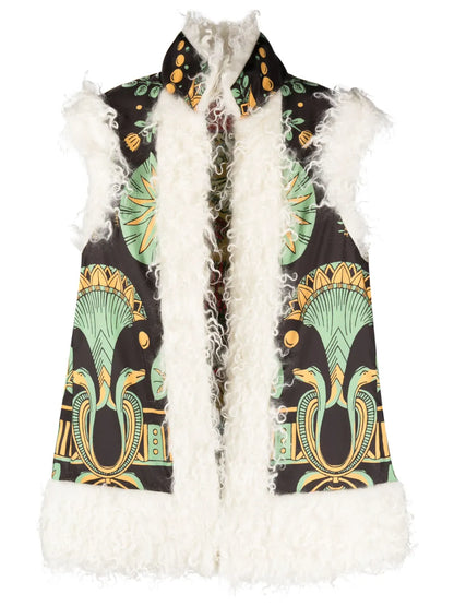 Graphic-Print Shearling-Trim Vest