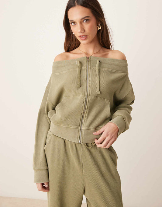 Co-Ord Waffle Off Shoulder Zip Through Sweat