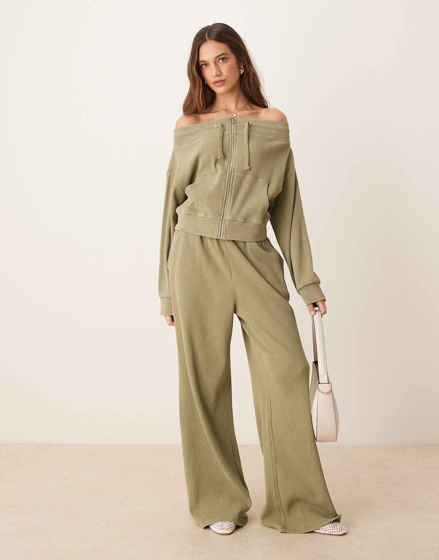 Co-Ord Waffle Off Shoulder Zip Through Sweat