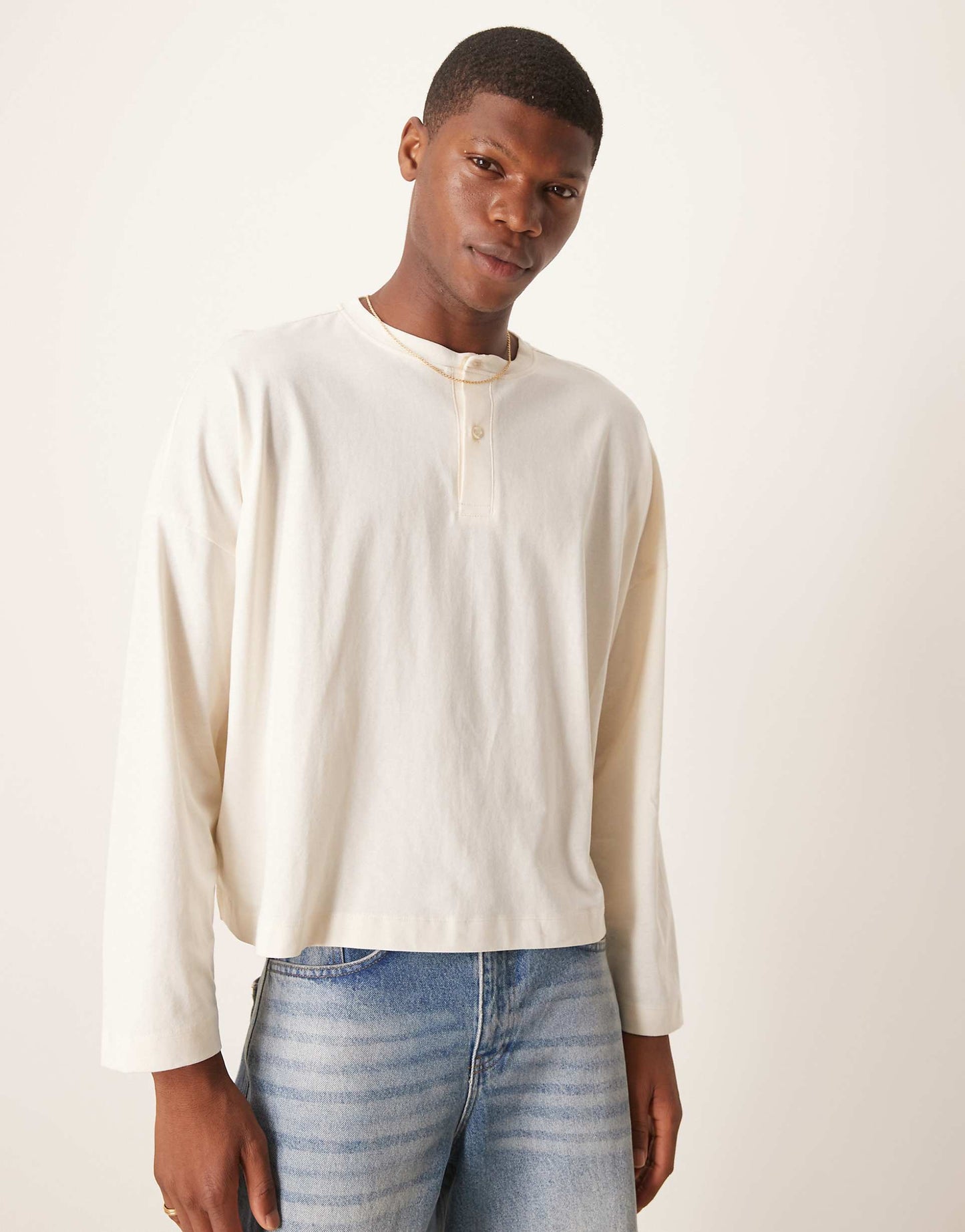 Super Oversized Cropped Long Sleeve T-Shirt With Henley Neck