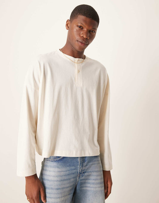 Super Oversized Cropped Long Sleeve T-Shirt With Henley Neck