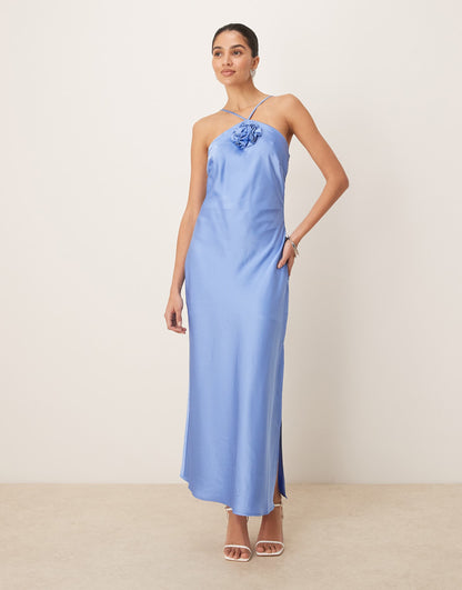 Halter Neck Satin Maxi Dress With Corsage Detail