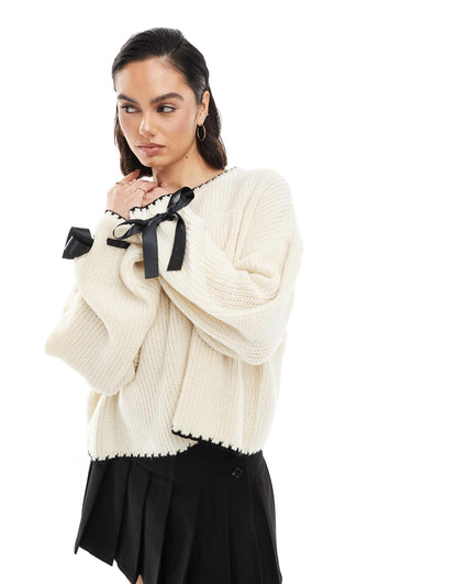 Satin Bow Cuff  Blanket Stitch Knit Jumper