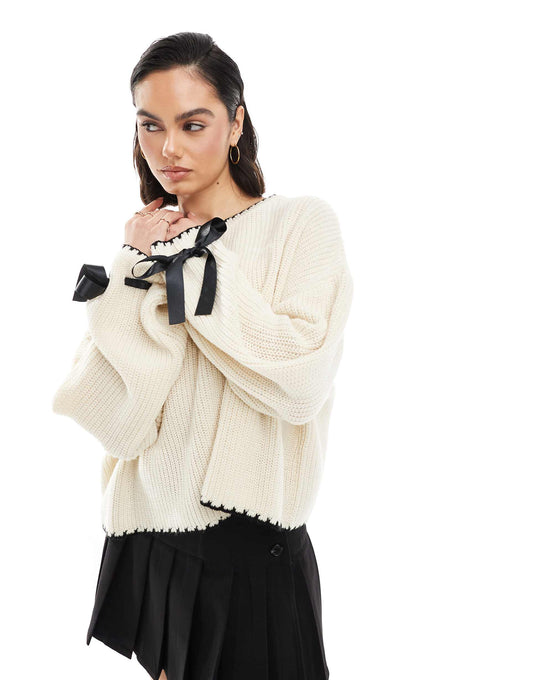 Satin Bow Cuff  Blanket Stitch Knit Jumper