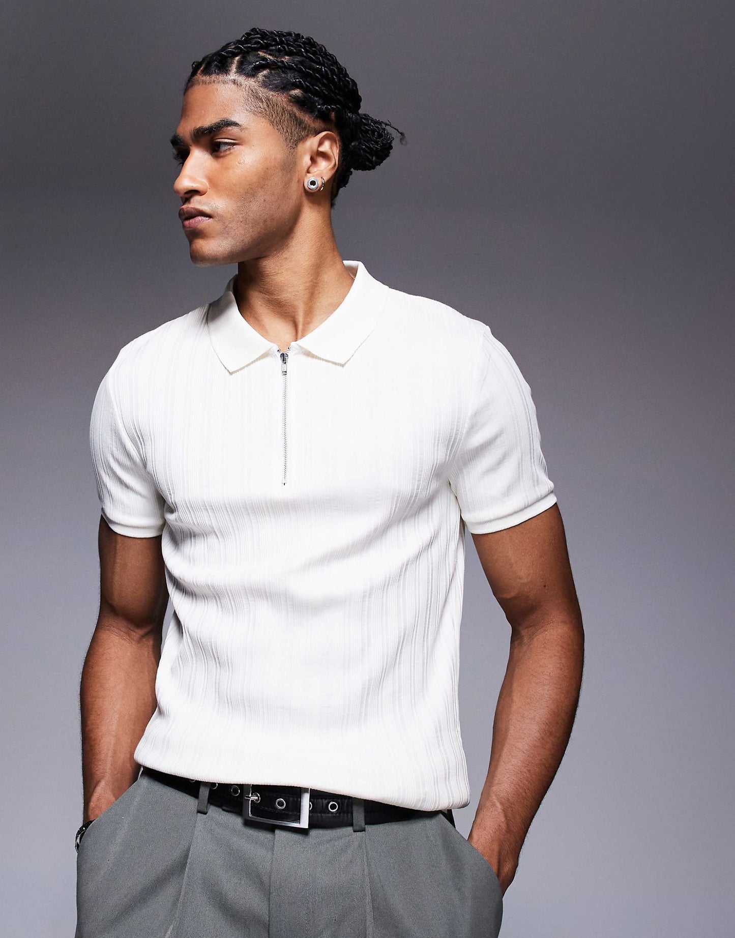 Muscle Fit Textured Rib Zip Polo Shirt