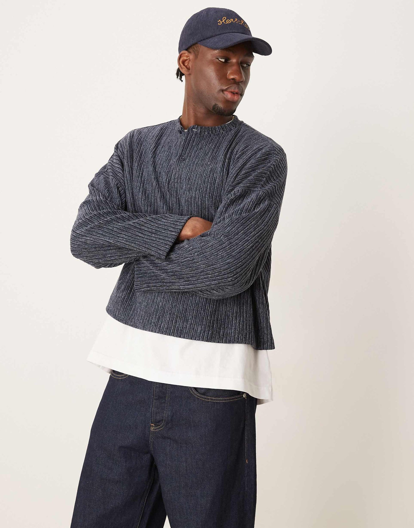 Super Oversized Cropped Long Sleeve T-Shirt With Henley Neck