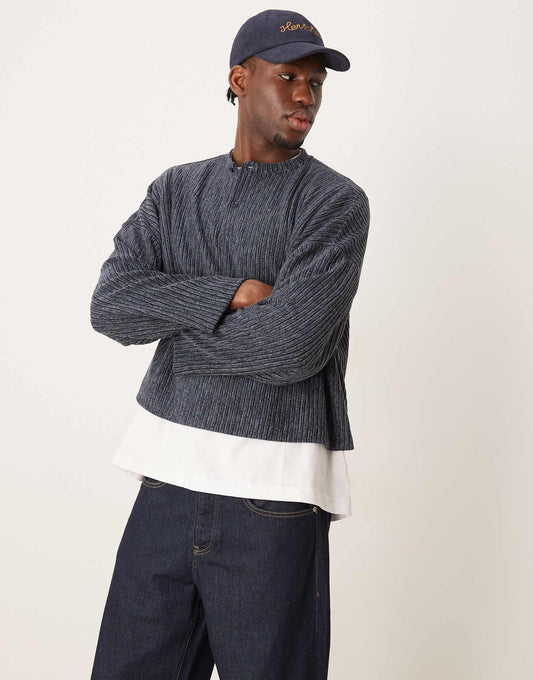 Super Oversized Cropped Long Sleeve T-Shirt With Henley Neck