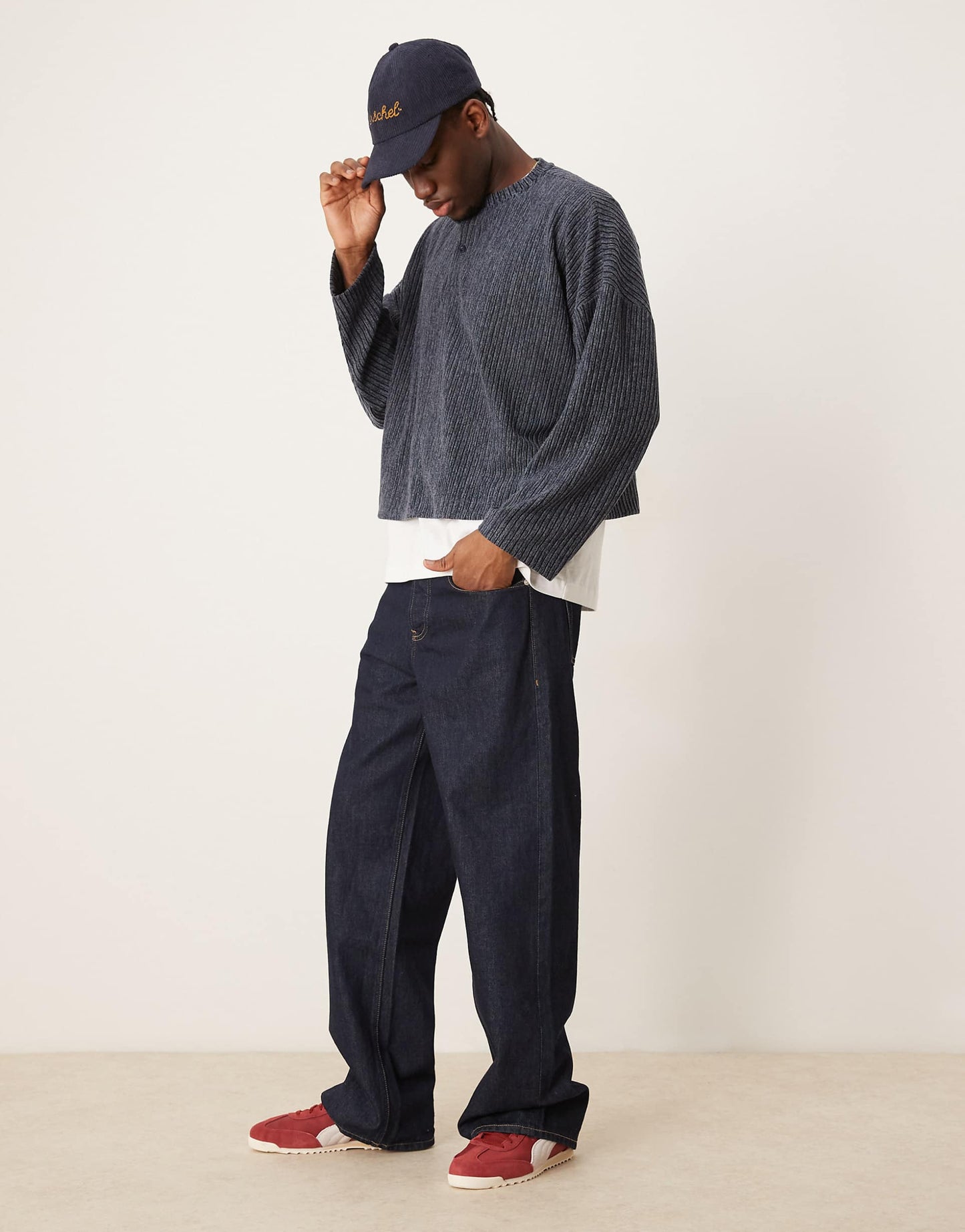 Super Oversized Cropped Long Sleeve T-Shirt With Henley Neck