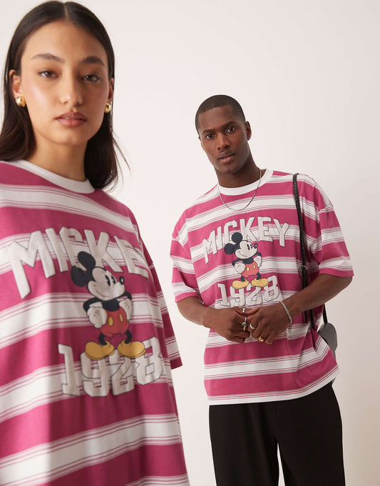 Disney Unisex Oversized Stripe T-Shirt With Mickey Mouse Print