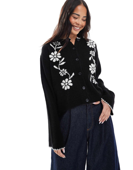 Knitted Contrast Floral Jacquard Cardigan