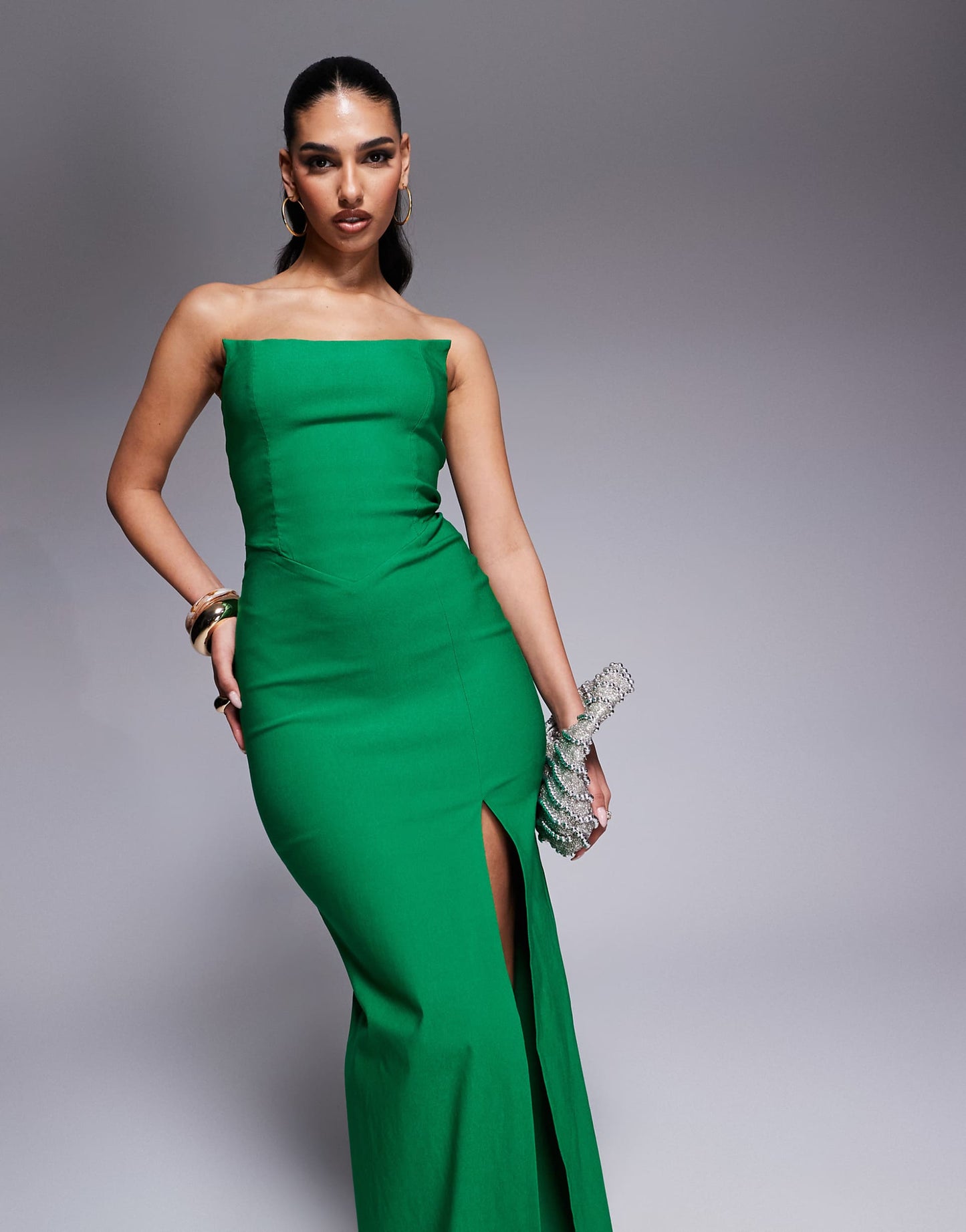Bandeau Square Edge Side Split Midaxi Dress