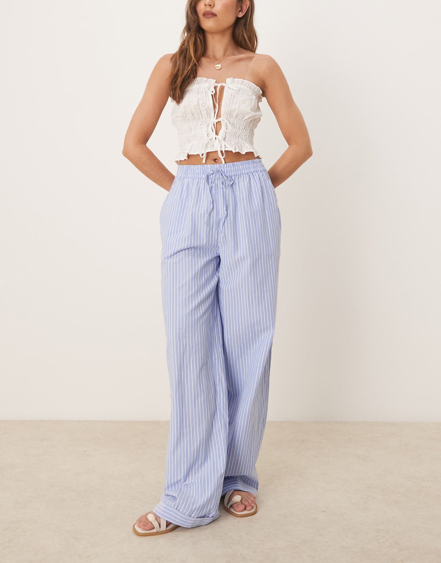 Highwaist Wide Leg Stripe Dad Pant With Turn Up Cuff