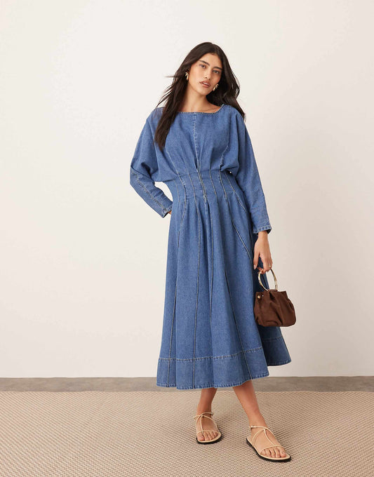 Denim Long Sleeve Midi Dress With Full Skirt