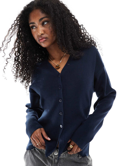 Knitted V Neck Structured Compact Cardigan With Button Detail