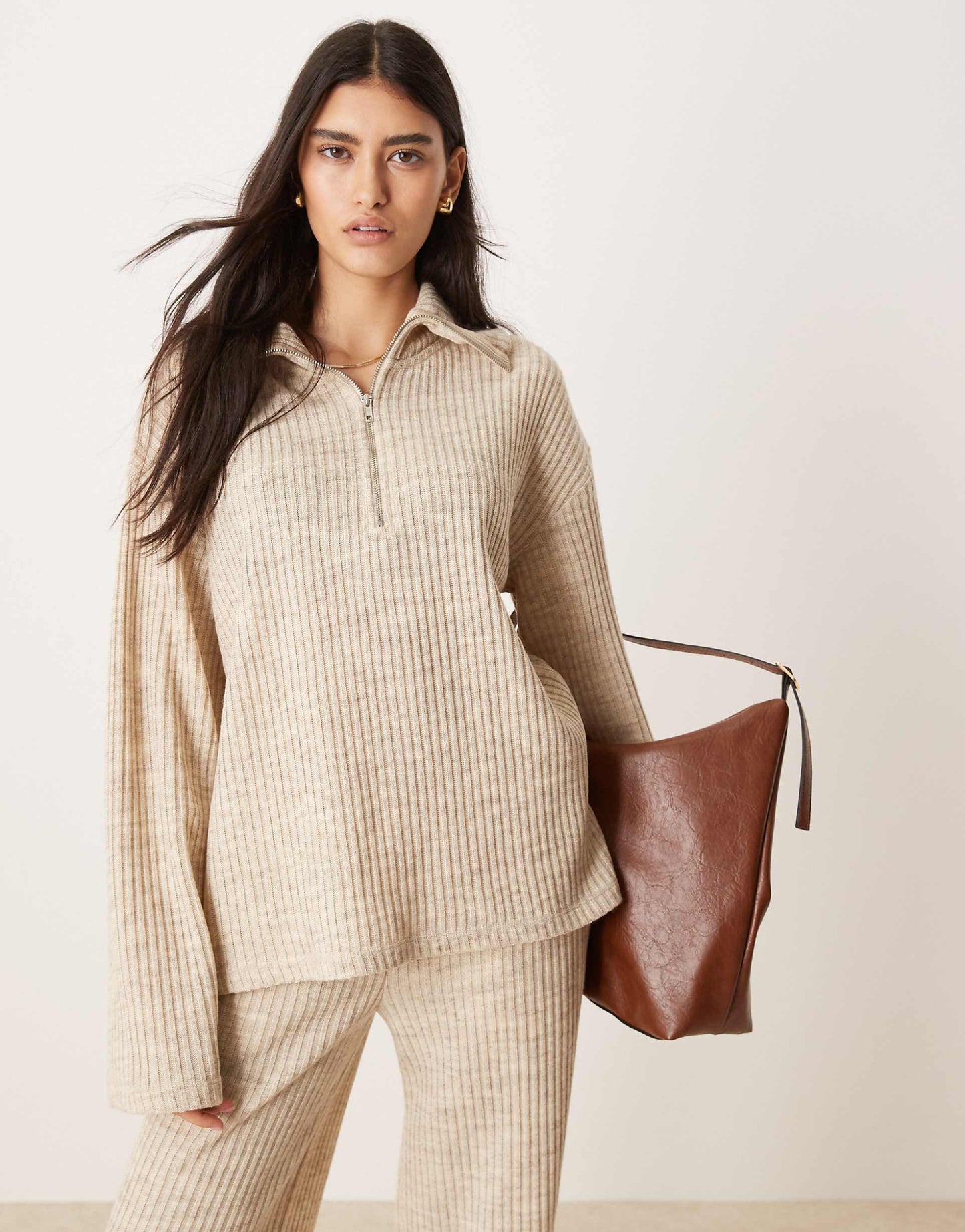 Brushed Rib Co-Ord Half Zip Long Sleeve Top