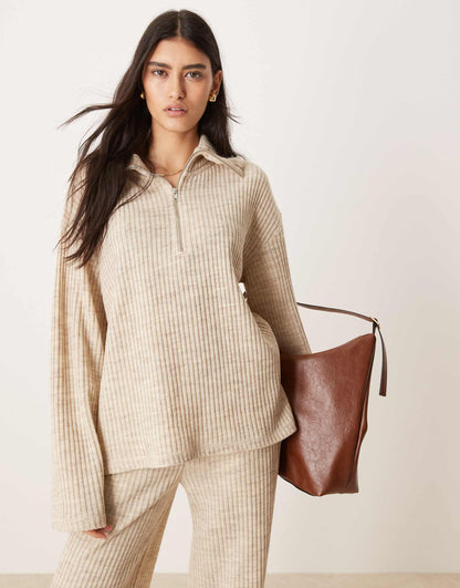 Brushed Rib Co-Ord Half Zip Long Sleeve Top