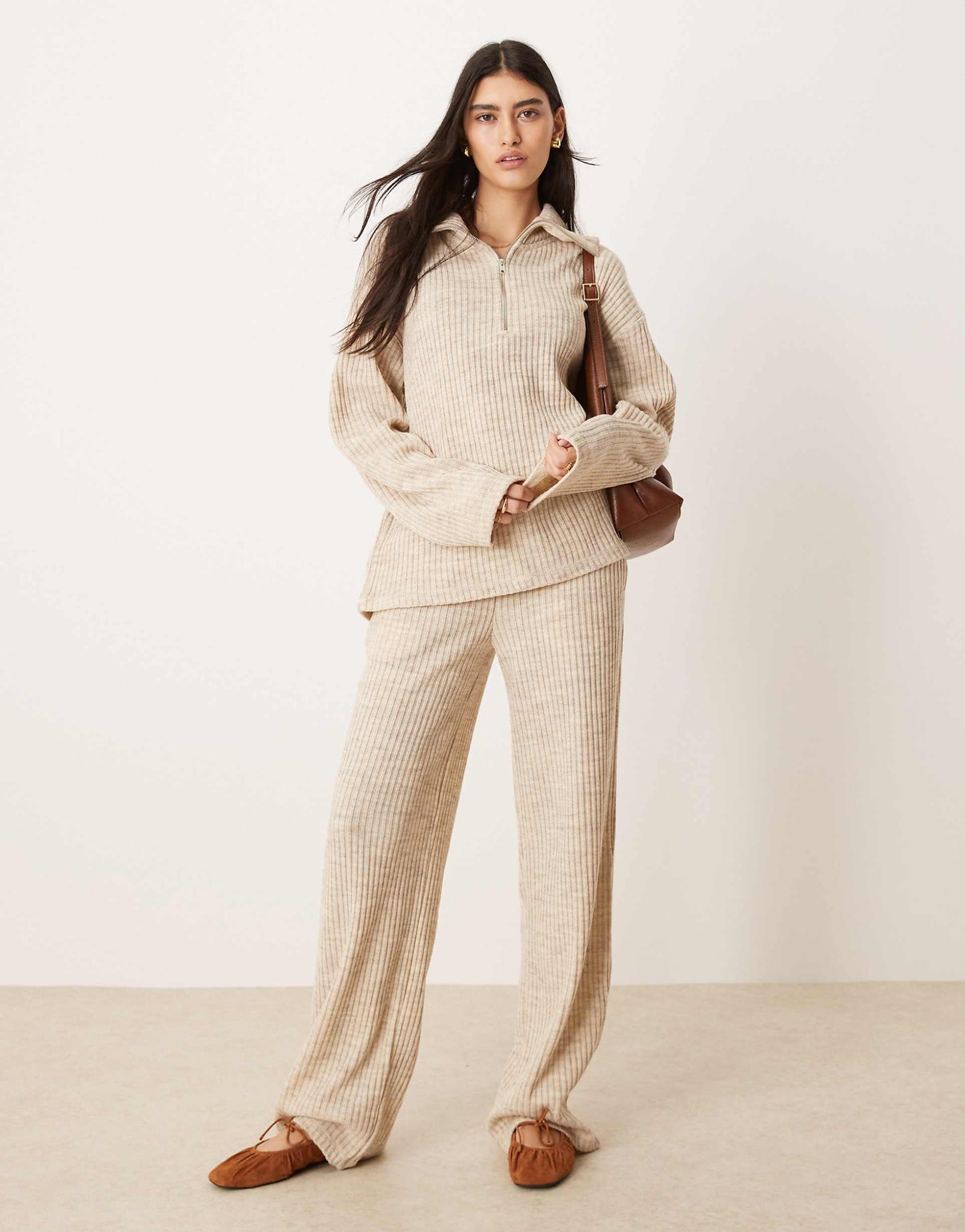 Brushed Rib Co-Ord Half Zip Long Sleeve Top