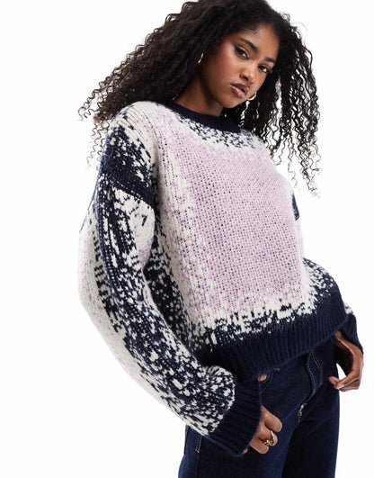 Knitted Crew Neck Jumper With Ombre Pattern