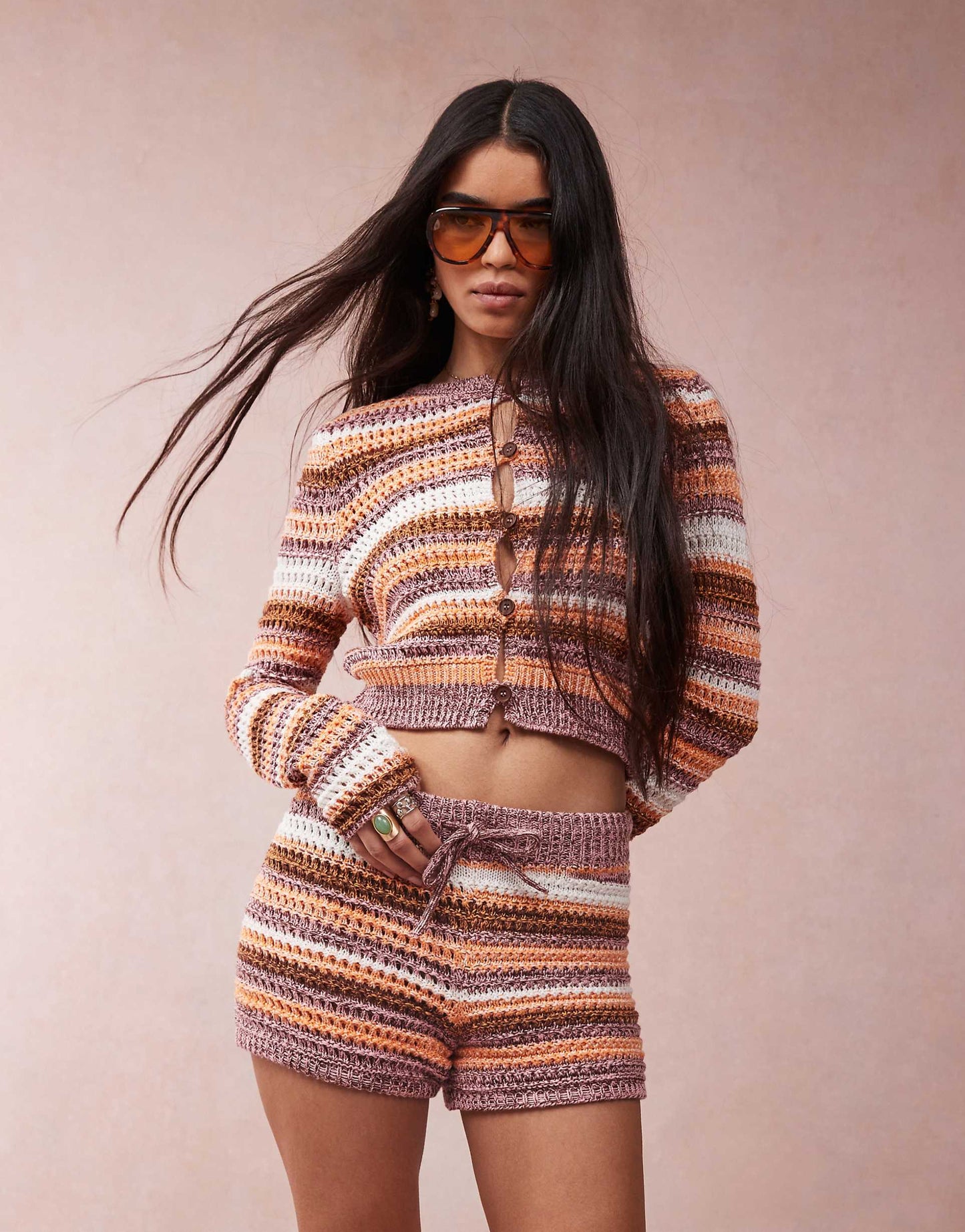 Knitted Crochet Stripe Mini Short Co-Ord