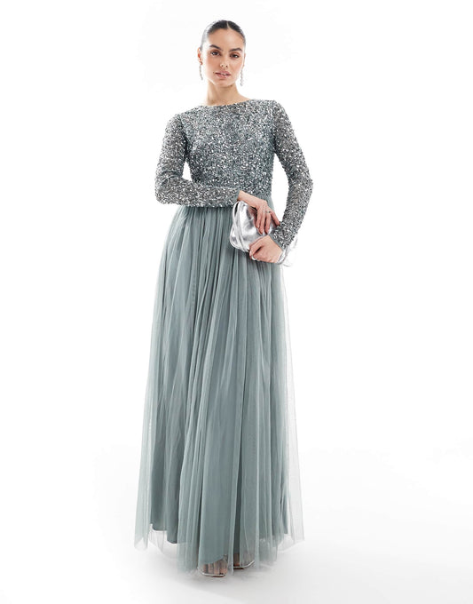 Embellished Long Sleeve Maxi Bridesmaid Dress