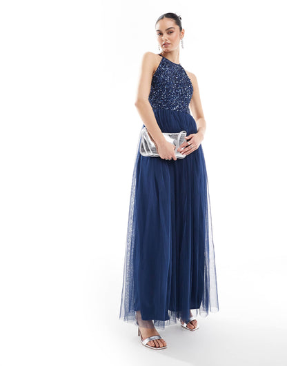 Embellished Halter Neck Maxi Dress