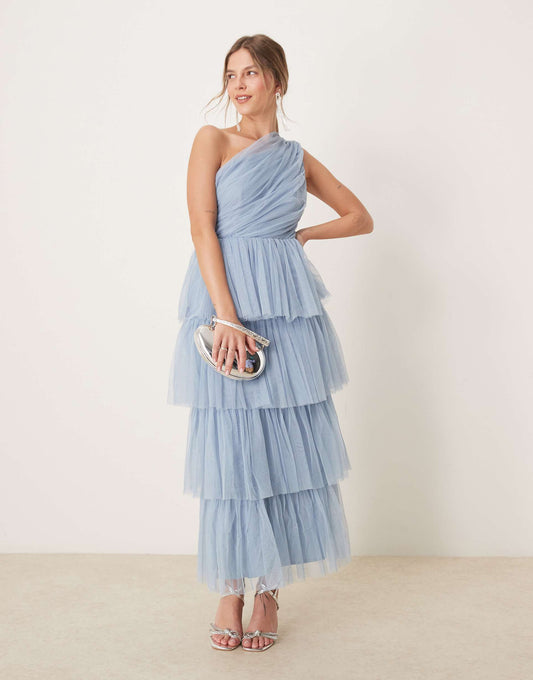 One Shoulder Tiered Midi Dress