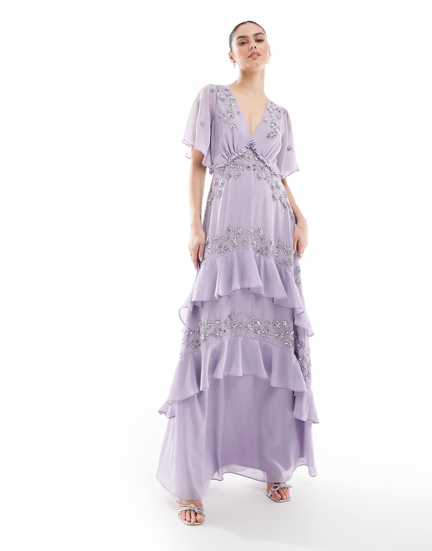 Embellished Short Sleeve Ruffled Maxi Dress