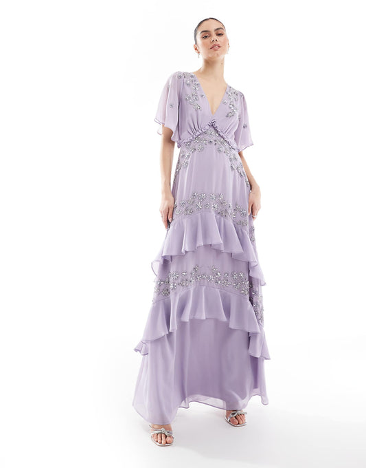 Embellished Short Sleeve Ruffled Maxi Dress
