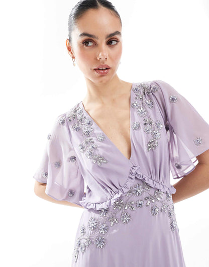 Embellished Short Sleeve Ruffled Maxi Dress