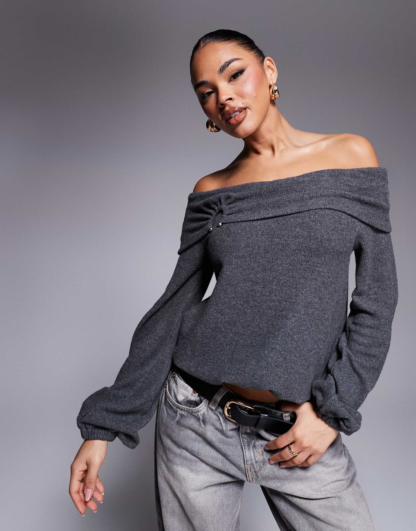 Super Soft  Slouchy Bardot Top With Hardware Metal Trim Detail