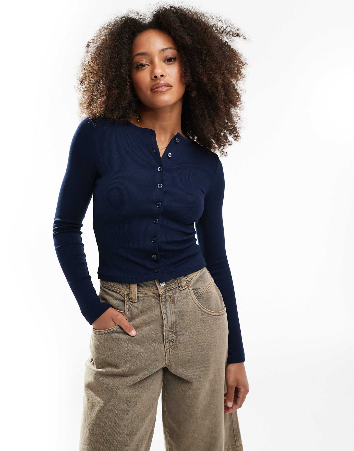 Button Through Rib Crew Neck Cardigan