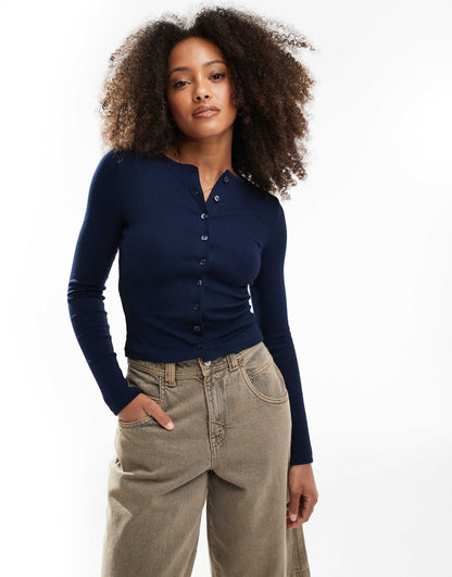 Button Through Rib Crew Neck Cardigan